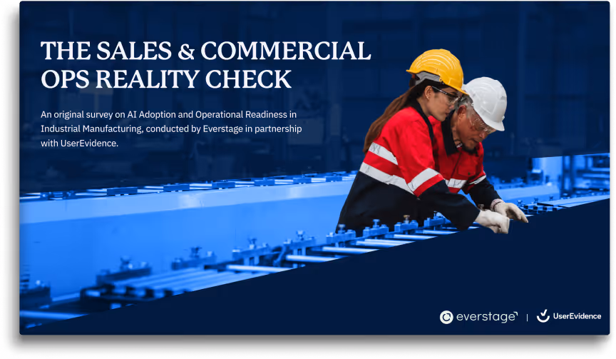 Cover of a report titled 'The Sales & Commercial Ops Reality Check' featuring two industrial workers in safety gear inspecting machinery in a factory setting.