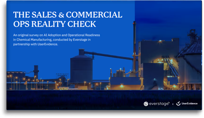 Report cover showing an industrial chemical manufacturing plant at night with title 'The Sales & Commercial Ops Reality Check' about AI adoption and operational readiness, by Everstage and UserEvidence.