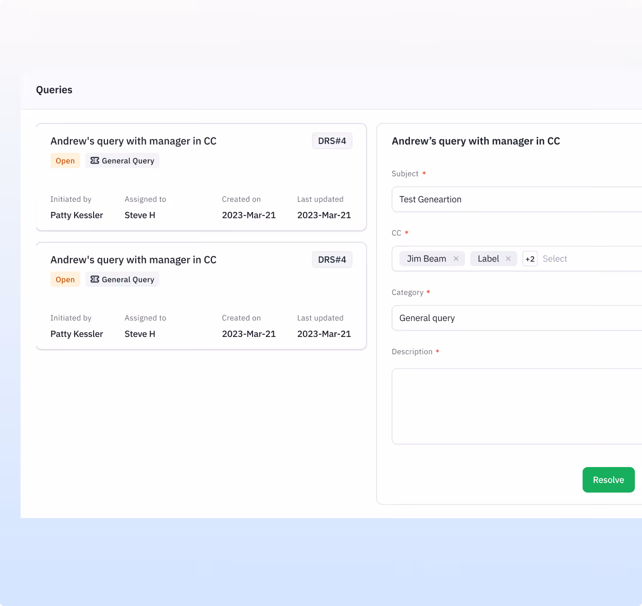 User interface showing two open queries titled 'Andrew's query with manager in CC,' assigned to Steve H from Patty Kessler, dated March 21, 2023, and a form to edit query details with subject, CC recipients, category, and description fields with a green 'Resolve' button.