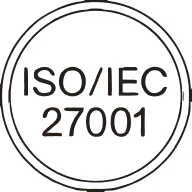ISO/IEC 27001 certification emblem in black circular design.