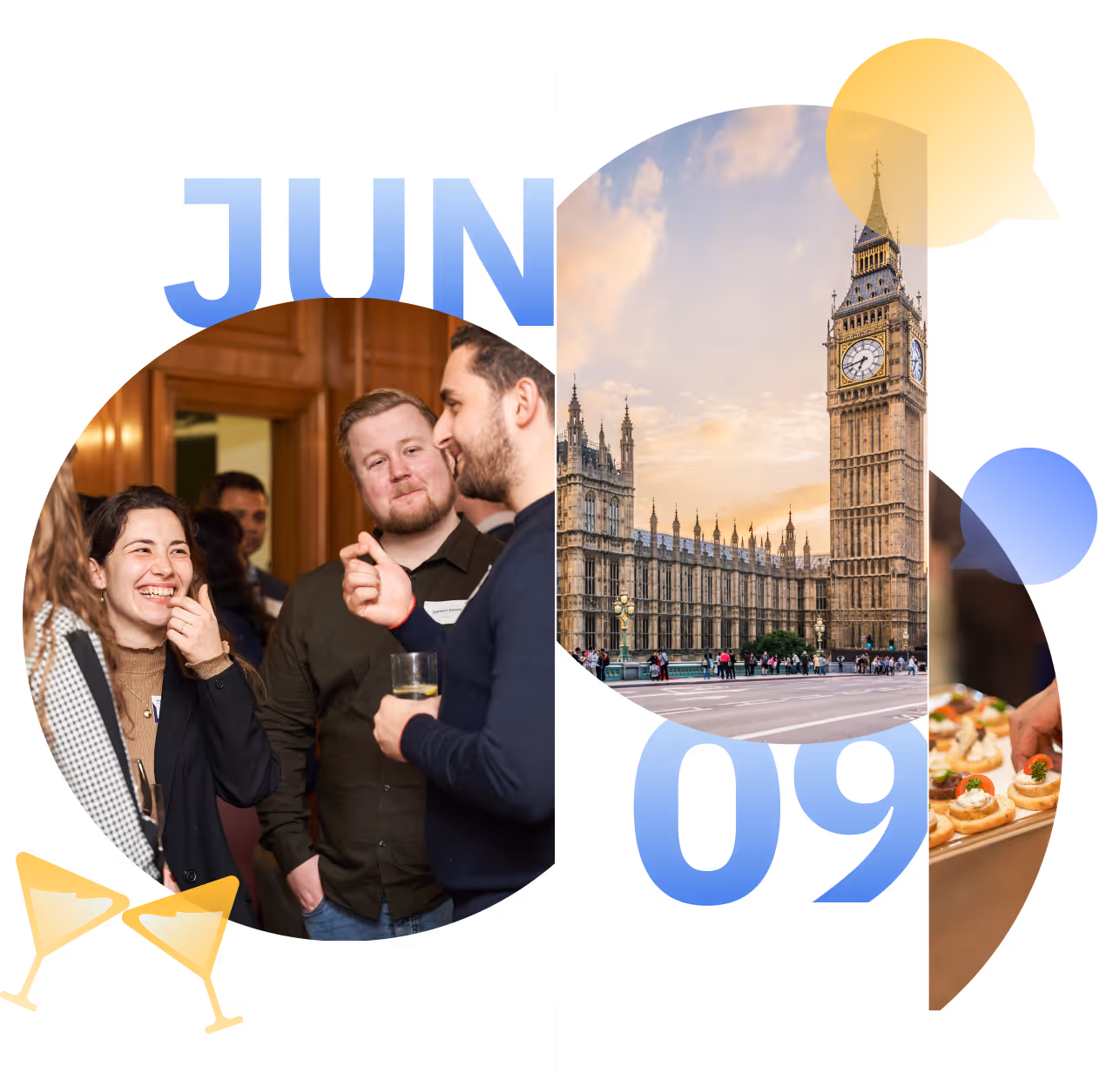 Group of people chatting at a social event with Big Ben and appetizers in the background.