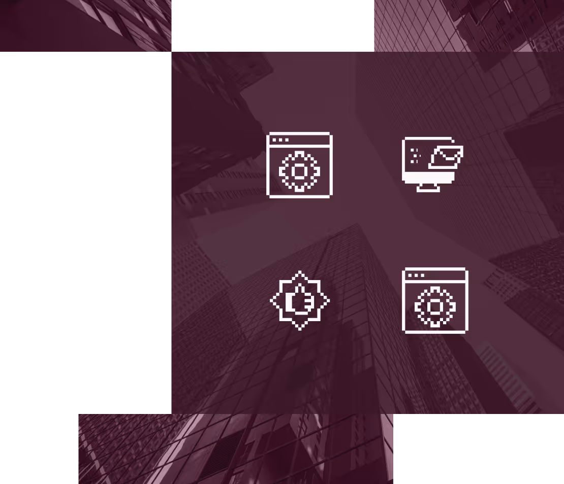 Four pixel-style white icons overlaying a purple-tinted photo of tall office buildings.