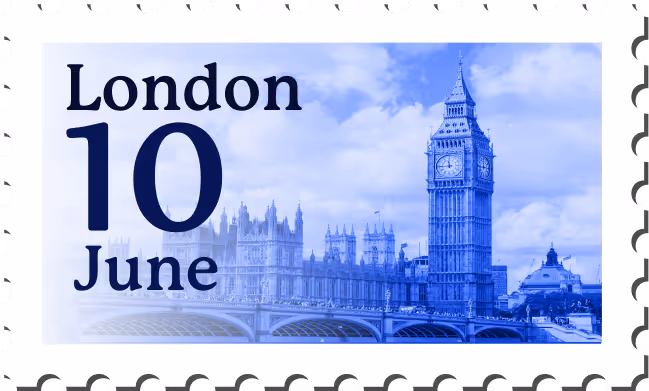 Stamp showing Big Ben and the Houses of Parliament in London with the date June 10.