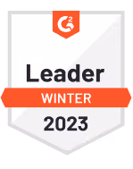 G2 Leader Winter 2023 badge with white and orange design and a red G2 logo at the top.