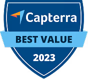 Capterra Best Value 2023 blue badge with orange arrow logo.
