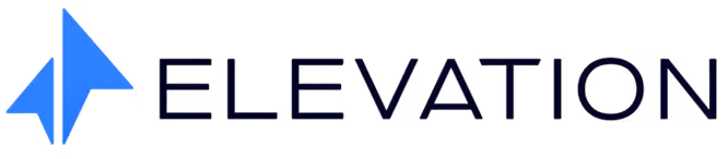 Elevation company name with blue abstract arrow logo.