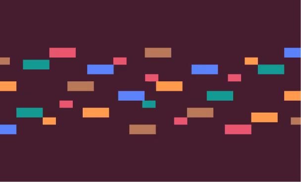 Randomly arranged small rectangular blocks in blue, green, red, orange, and brown on dark purple background.