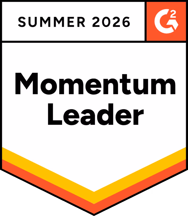 G2 Momentum Leader badge for Summer 2026 with a red and yellow border.