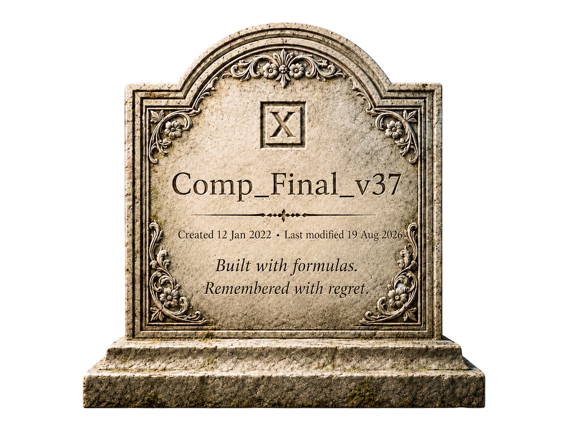 A weathered tombstone — built with formulas, remembered with regret.