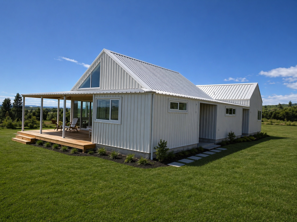 Habitable shed home with white vertical cladding and covered timber deck