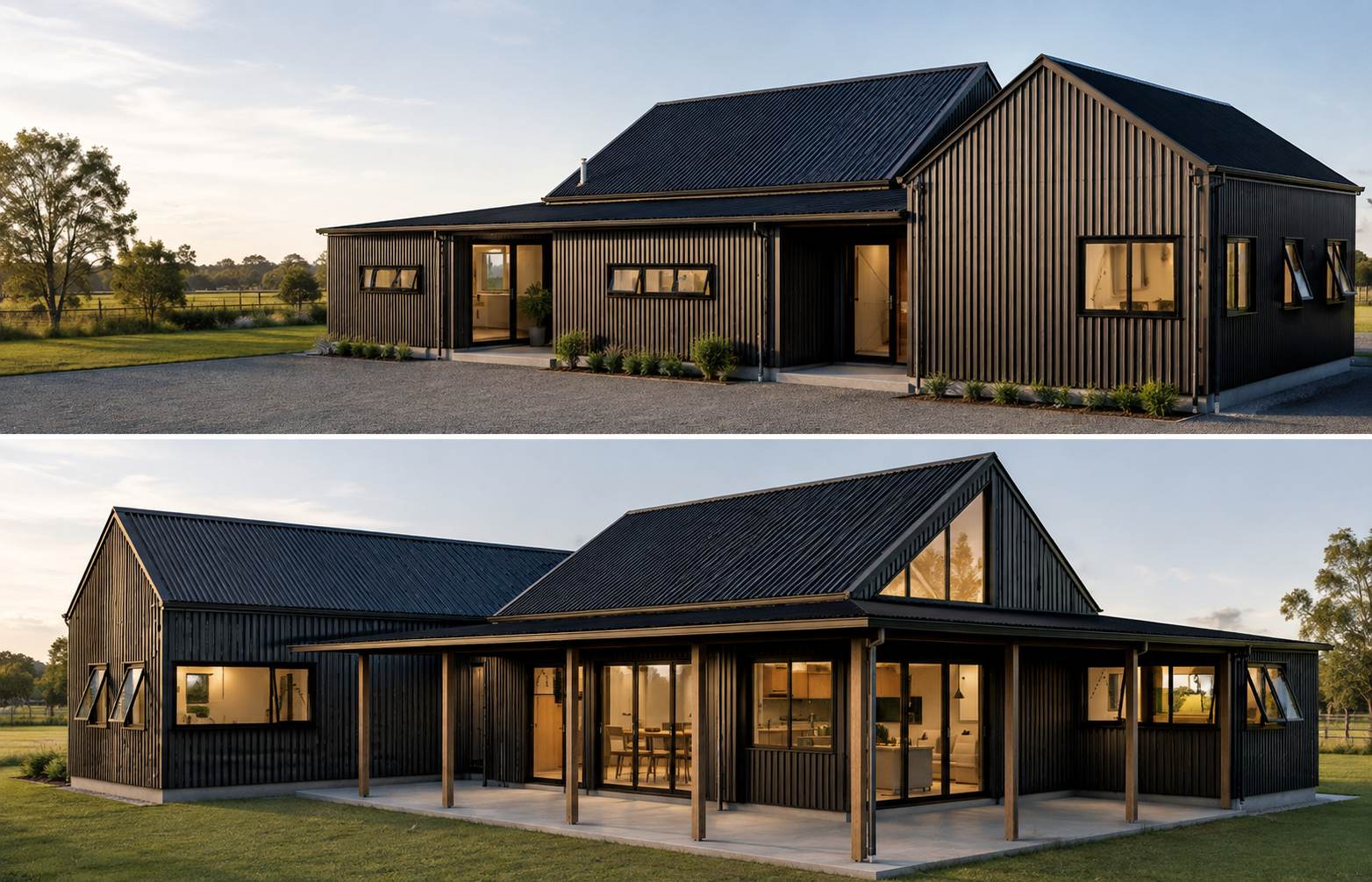 Maihihi Retreat — black corrugated habitable shed home at dusk