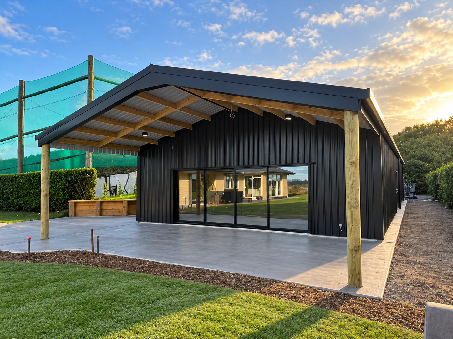Lifestyle shed in dark steel cladding with exposed timber rafters, open carport bay and sliding glass doors onto a concrete apron
