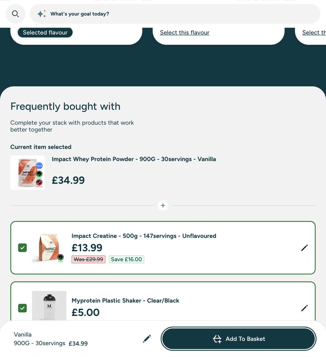 Myprotein product page showing a Frequently bought with bundle of whey protein, creatine and a shaker with a combined total