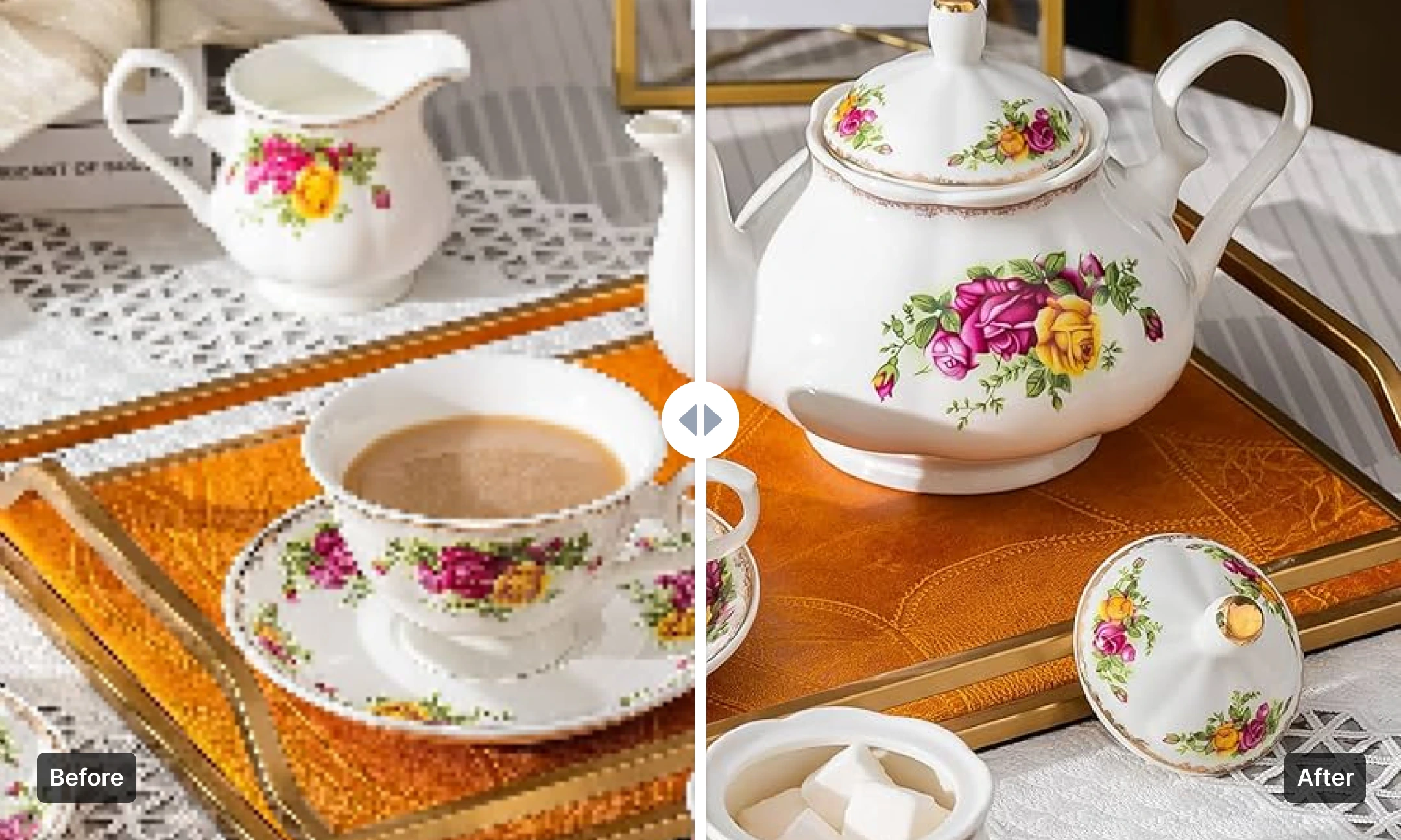 Before and after comparison of a product photo enhanced with AI image editing