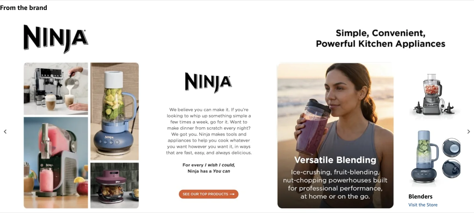 Ninja's brand story section on Amazon, linking to its other product categories