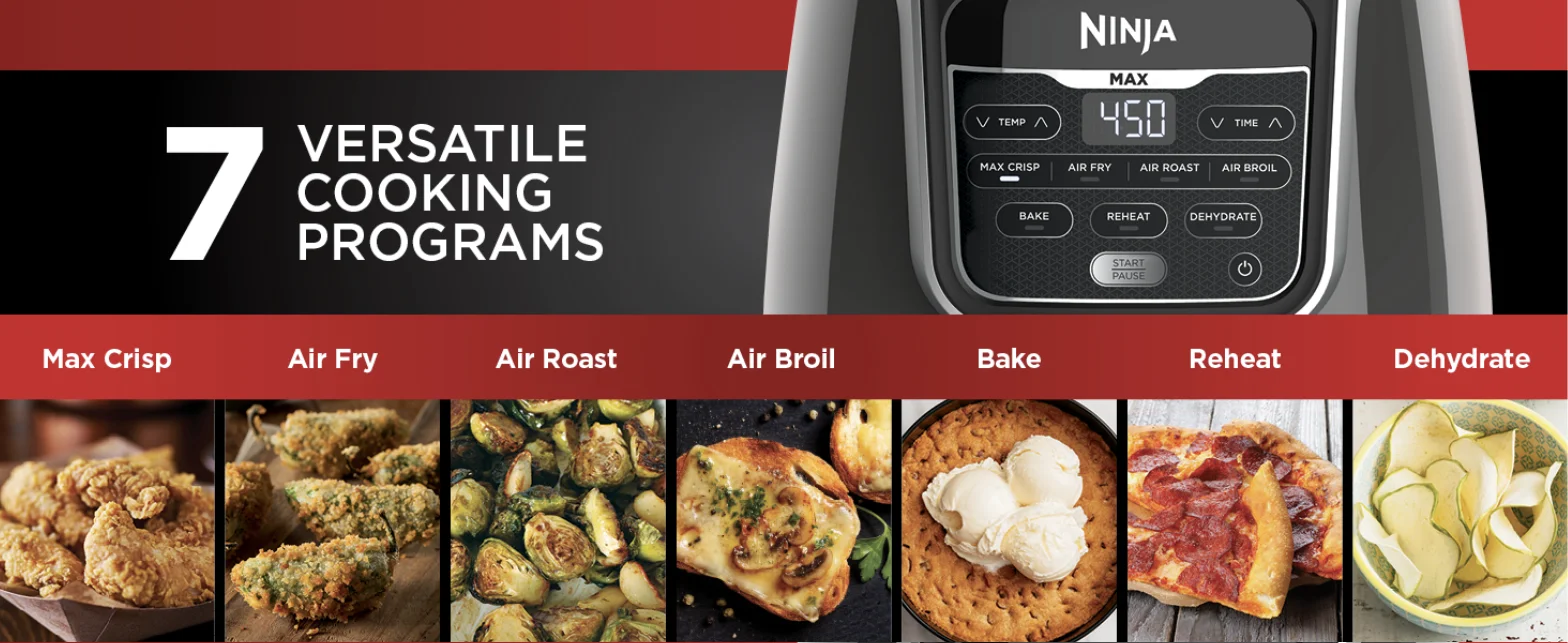 The Ninja Air Fryer Max XL cooking programs panel listing seven programs, from Max Crisp to Dehydrate