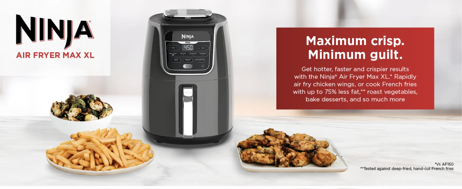 The Ninja Air Fryer Max XL brand banner on Amazon, with two footnoted claims