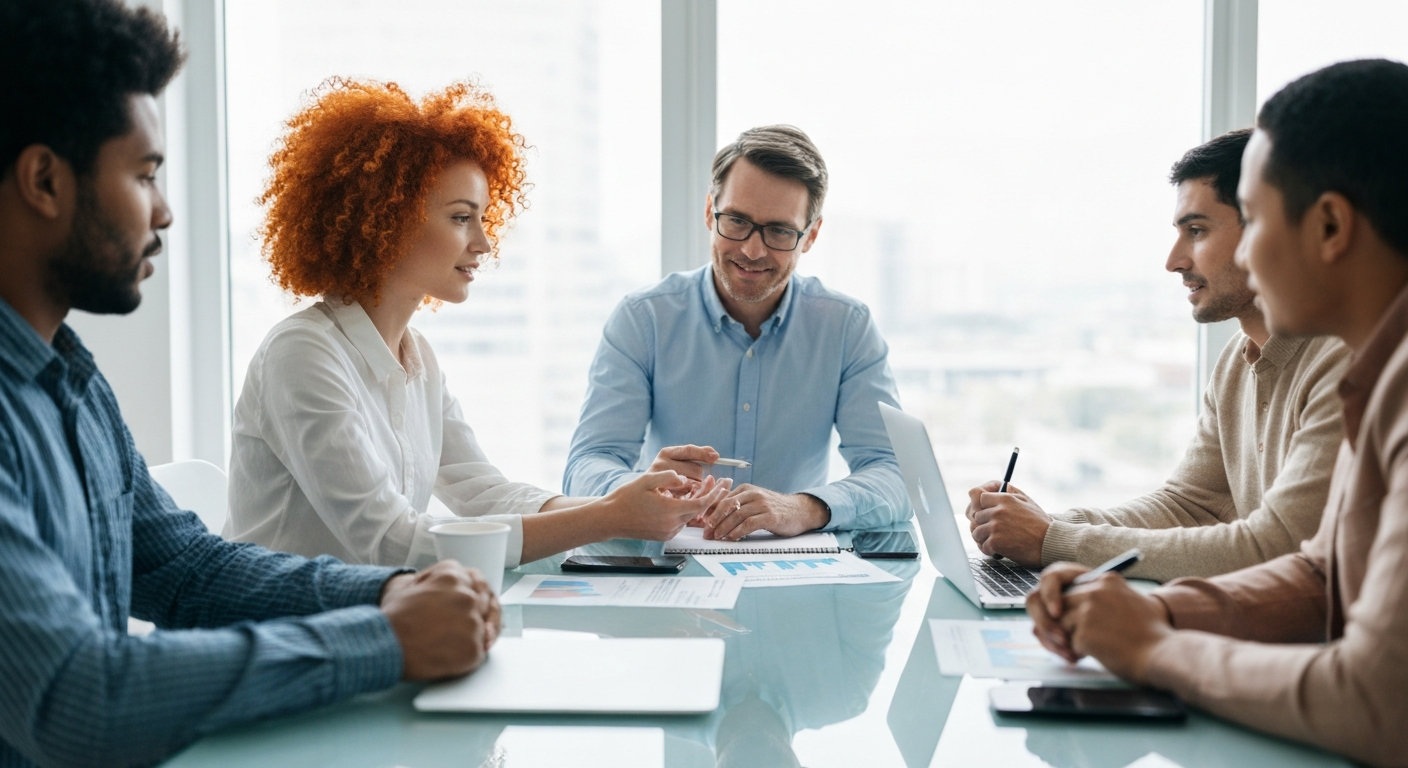 Entrepreneurs discussing business insurance