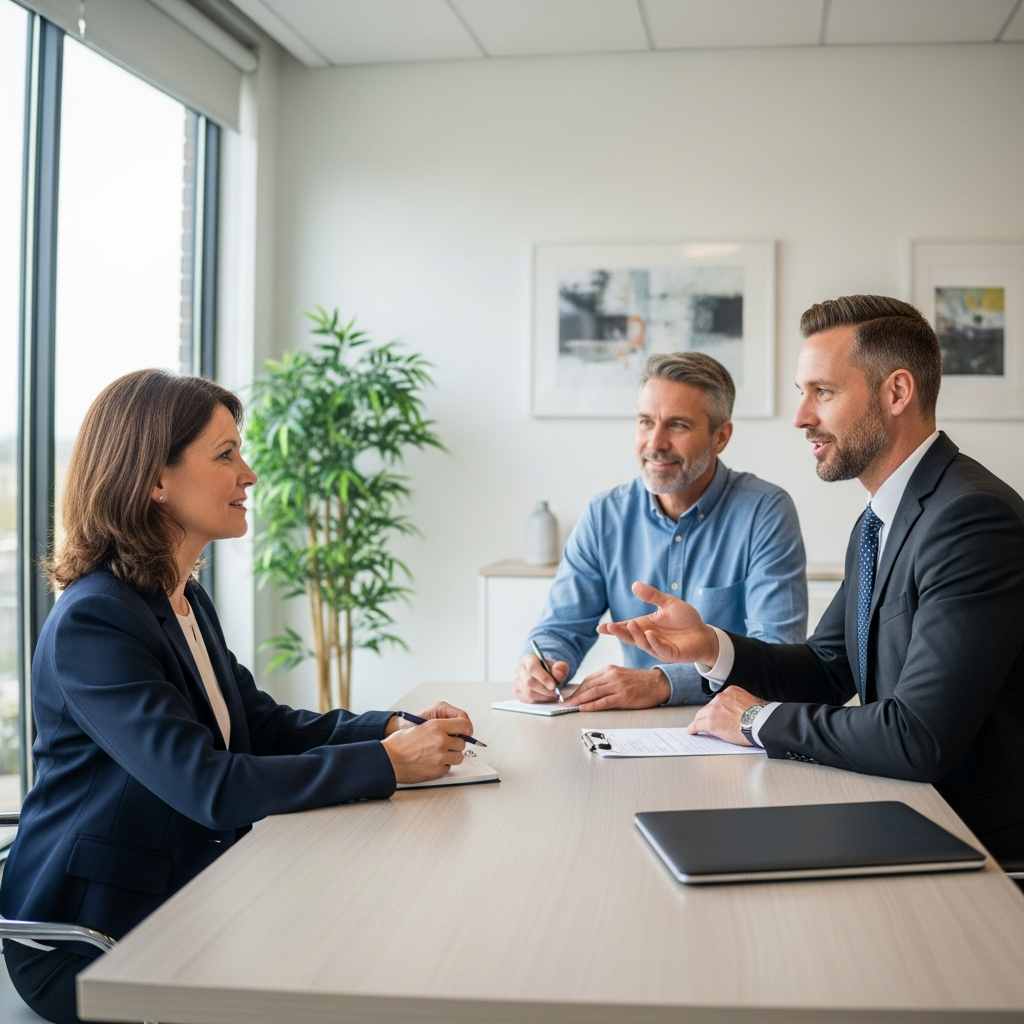 Broker consulting with couple office