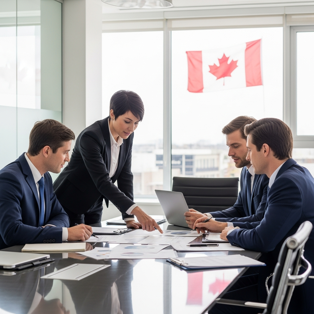 Businesspeople reviewing documents Canada