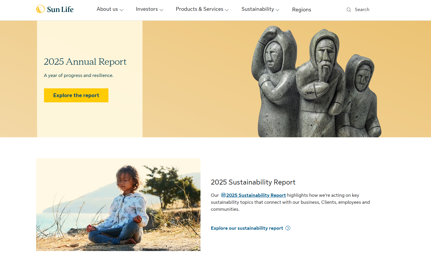 Sun Life Homepage Featuring 2025 Annual Report Screenshot of the Sun Life website homepage highlighting the 2025 Annual Report and 2025 Sustainability Report, with a large stone sculpture image and a photo of a child sitting outdoors.