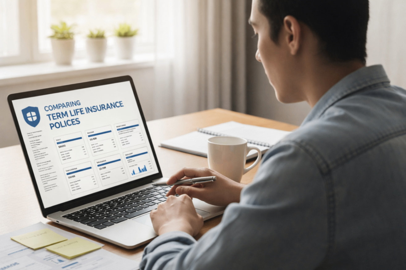 Person Comparing Term Life Insurance Policies on Laptop A person sitting at a desk reviews term life insurance policy options on a laptop beside a coffee mug, notebook, and potted plants in soft natural light.