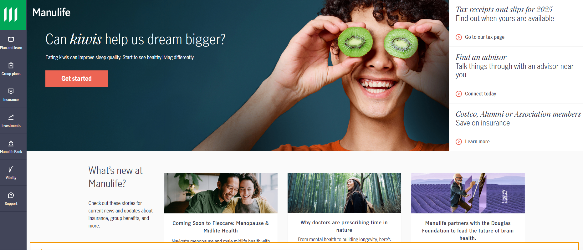 Manulife Homepage With Insurance and Wellness Features Screenshot of the Manulife website homepage showing a large hero banner with a smiling person holding kiwi slices over their eyes, sidebar navigation, and links for tax slips, advisor support, and insurance savings.