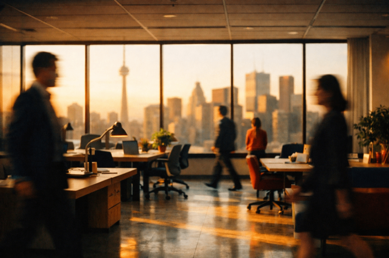 Modern Canadian Financial District Office at Golden Hour Canadian corporate office with blurred Toronto skyline at golden hour