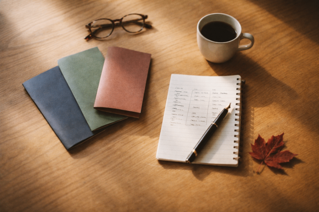 Insurance Brochures and Comparison Notes on Oak Desk Top-down flat lay of folded insurance brochures, reading glasses, a fountain pen on handwritten notes, a coffee cup, and a maple leaf arranged on a warm oak desk in soft natural light.