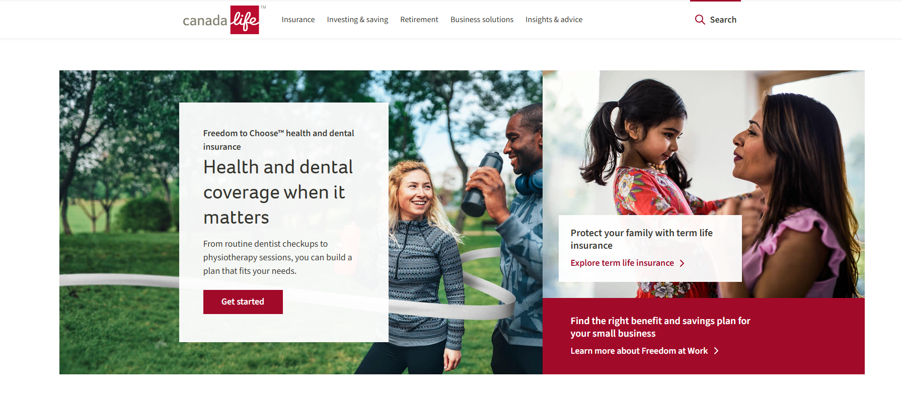 Canada Life Homepage With Health and Term Life Insurance Screenshot of the Canada Life website homepage featuring health and dental coverage, term life insurance, and small business benefits, with family and outdoor lifestyle imagery.