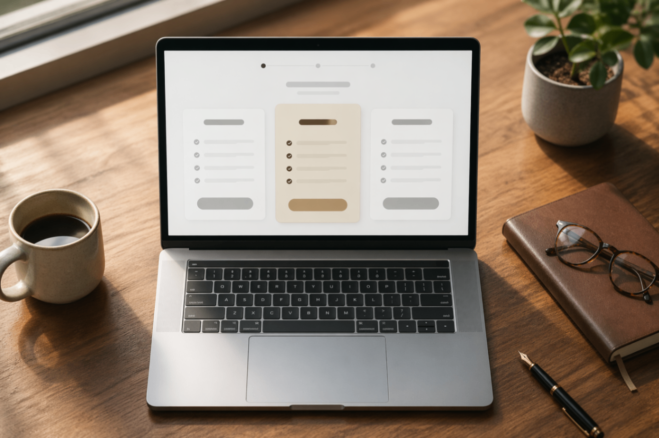 Online Insurance Quote Comparison on Laptop Open laptop on a wooden desk showing a clean quote-comparison webpage with three pricing cards, beside coffee, glasses, notebook, pen, and plant.