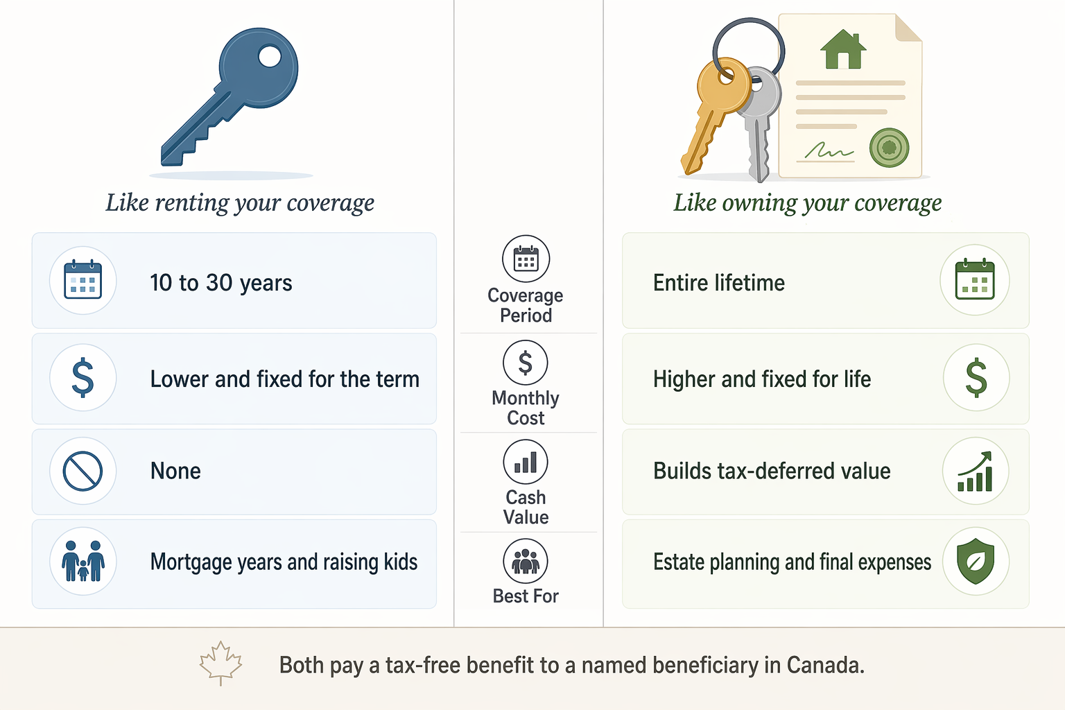 Term Life vs Whole Life Insurance in Canada Editorial infographic comparing term life and whole life insurance in Canada, including coverage period, monthly cost, cash value, and best-use cases.