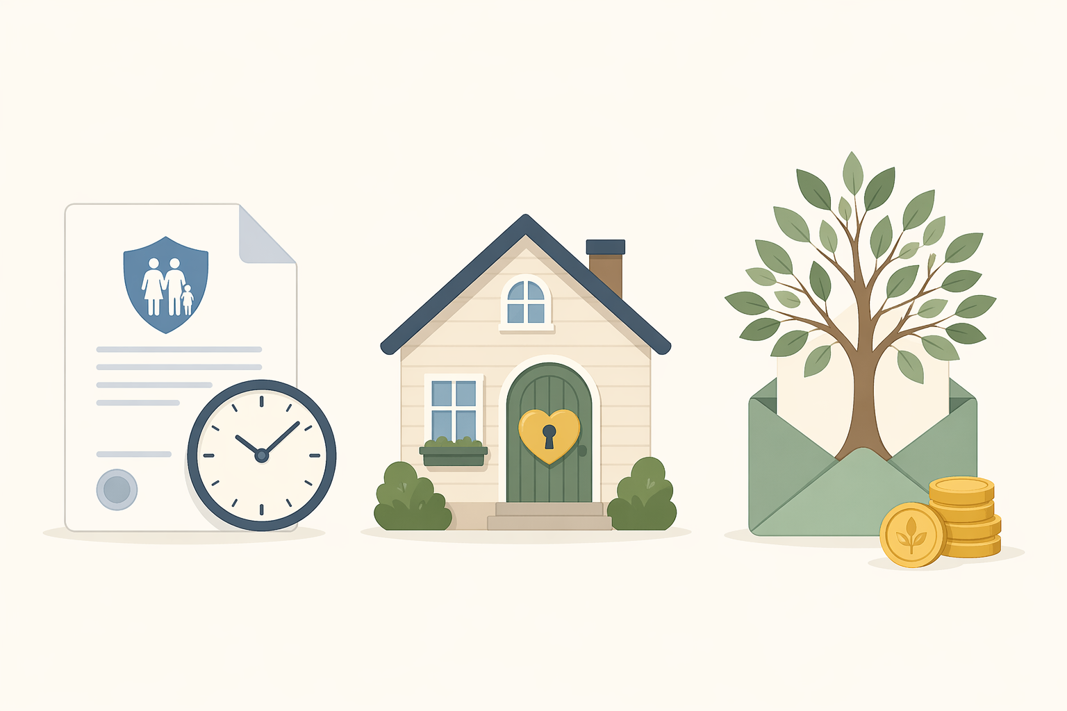 Main Types of Life Insurance in Canada Flat vector illustration showing term life, whole life, and universal life insurance through a document with clock, protected home, and growth tree with coins.