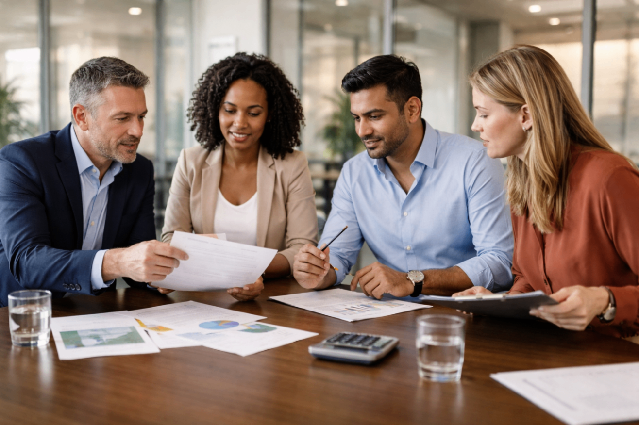 Business Professionals Meeting With Financial Advisor Small business owner and financial advisor review an insurance policy document at a desk with an open laptop showing financial charts.