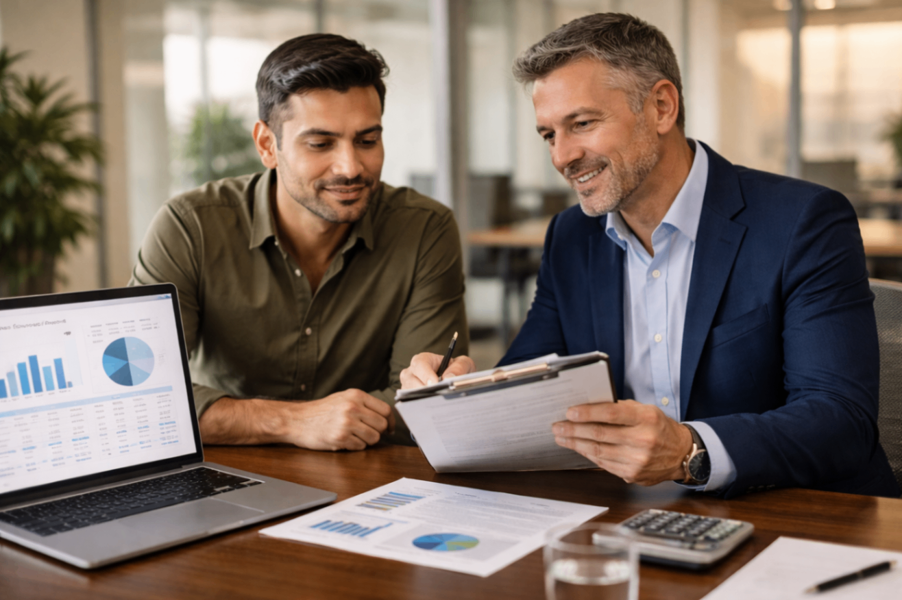 Small Business Owner Reviewing Insurance Policy Small business owner and financial advisor review an insurance policy document at a desk with an open laptop showing financial charts.