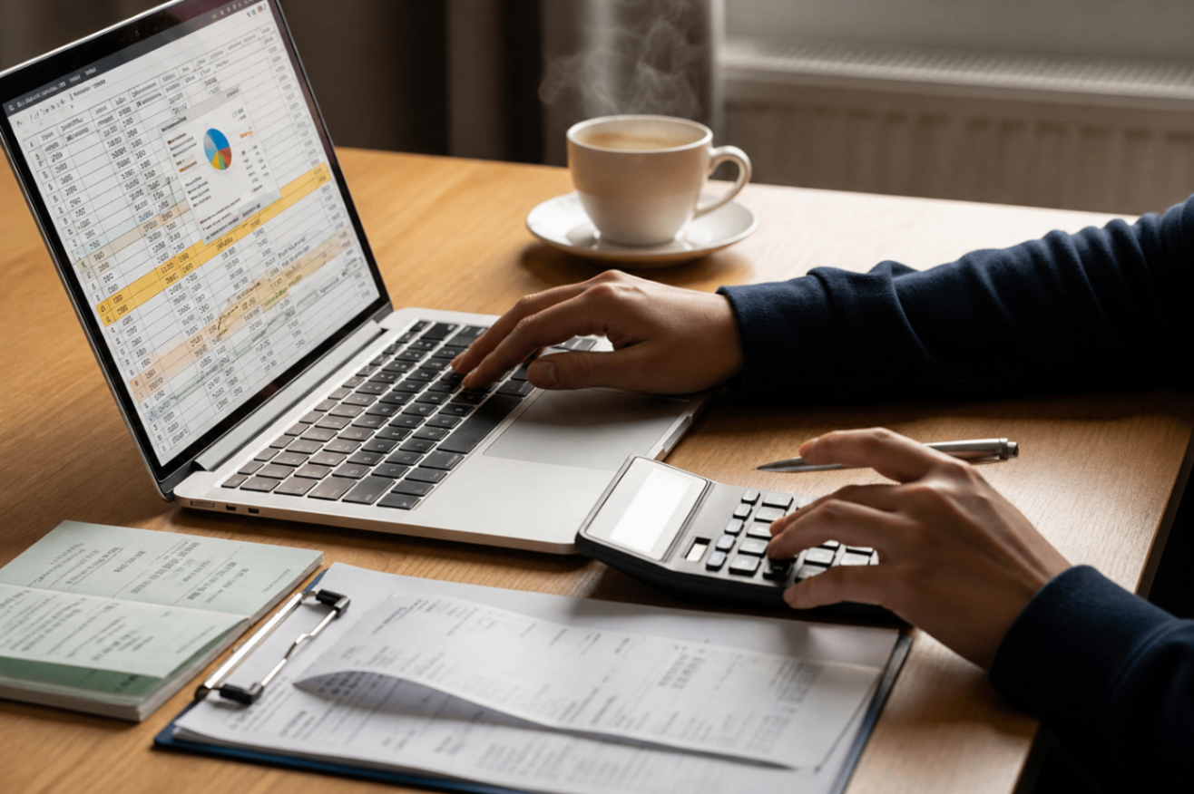 Life Insurance Cost Calculator Workspace A person reviews a spreadsheet on a laptop while using a calculator beside financial documents, a pen, and a steaming coffee cup on a wooden desk.