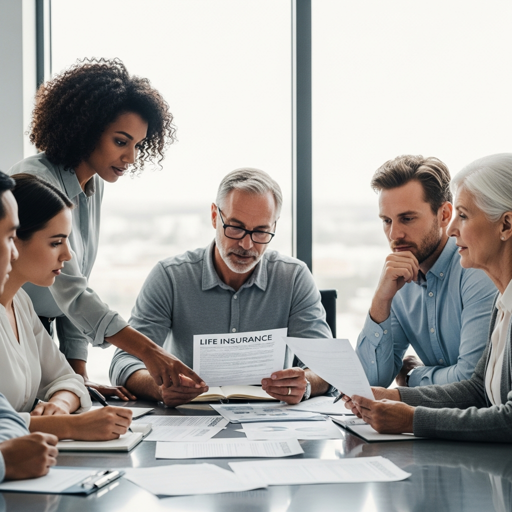 People discussing life insurance papers