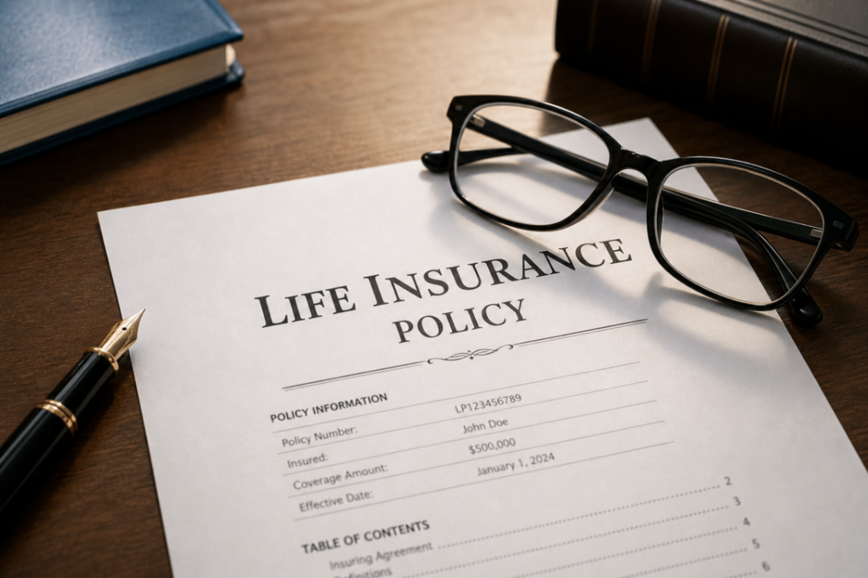 Life Insurance Policy Document With Reading Glasses Close-up of a life insurance policy document on a dark wooden desk with black reading glasses resting on top and a fountain pen beside it.
