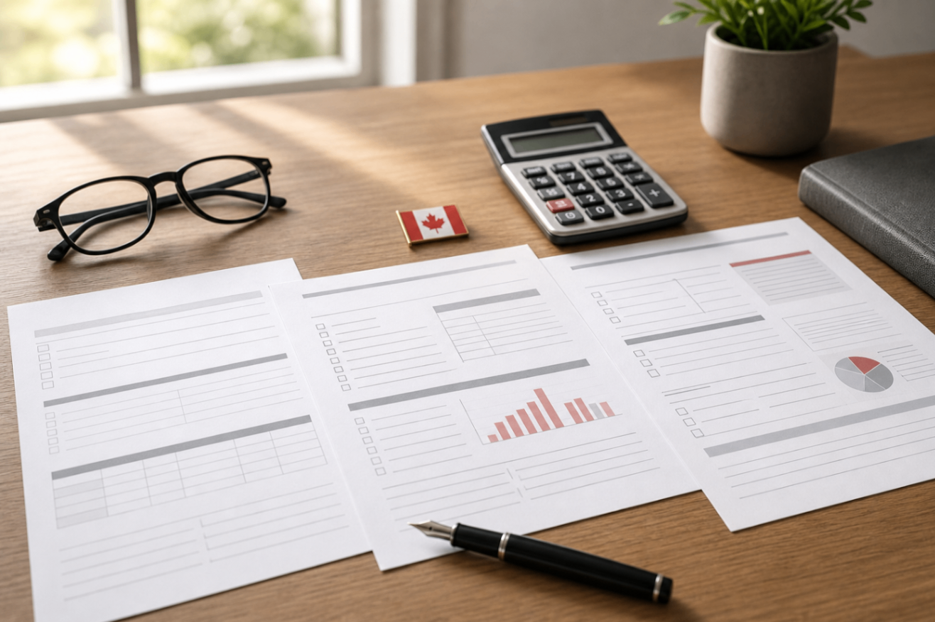 Life Insurance Policy Comparison Documents Life insurance policy documents laid side by side on a wooden desk with a Canadian flag pin, calculator, fountain pen, and black reading glasses.