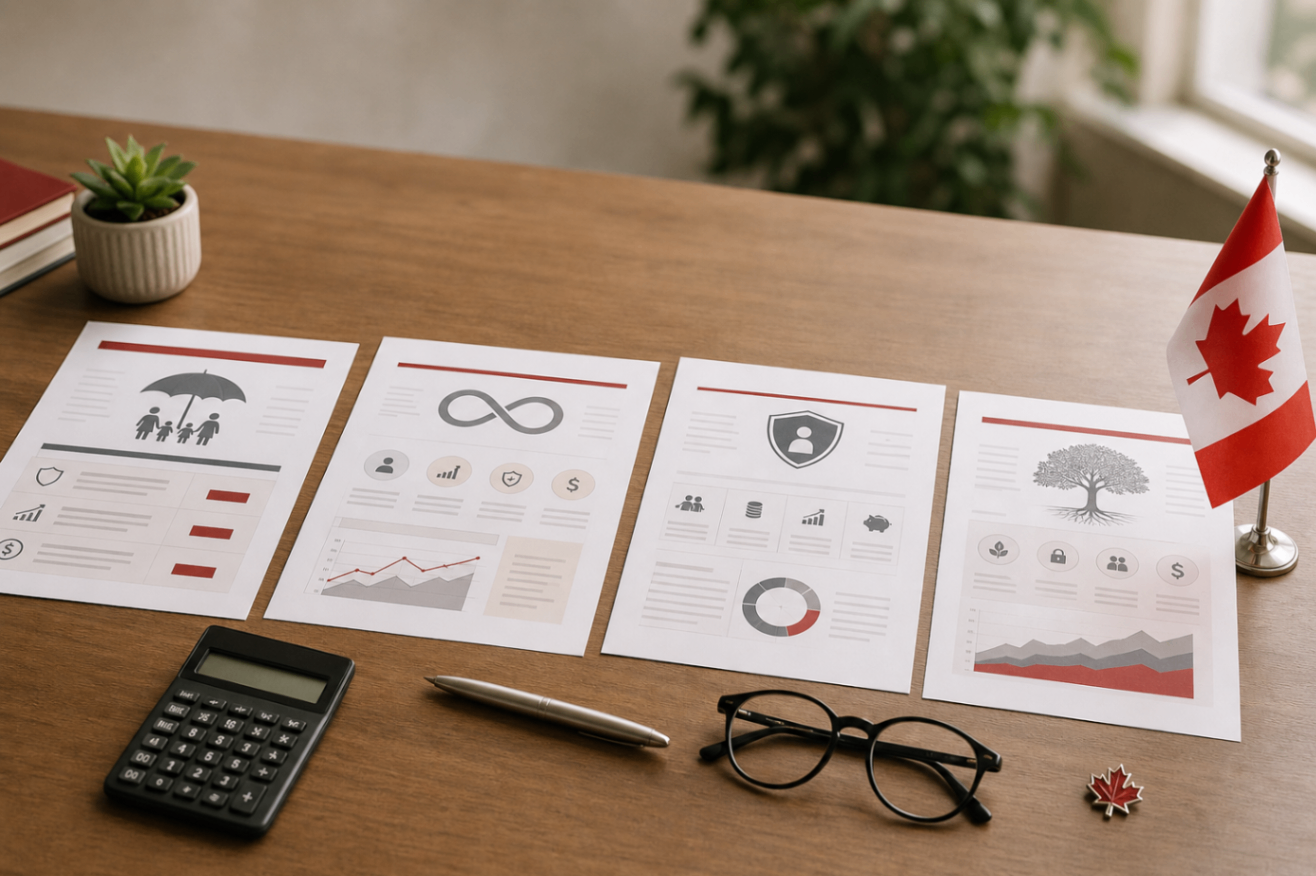 Permanent Life Insurance Options in Canada Permanent life insurance documents arranged on a wooden desk with a calculator, silver pen, black reading glasses, and Canadian flag accents.
