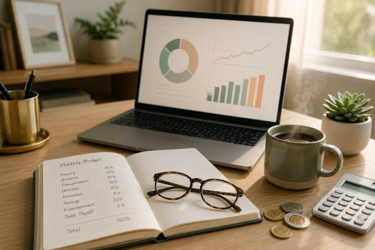 Home Office Budget Planning Desk With Savings Dashboard A modern home office desk with an open budget notebook, laptop savings dashboard, coffee mug, calculator, glasses, coins, and a small plant in warm morning light.