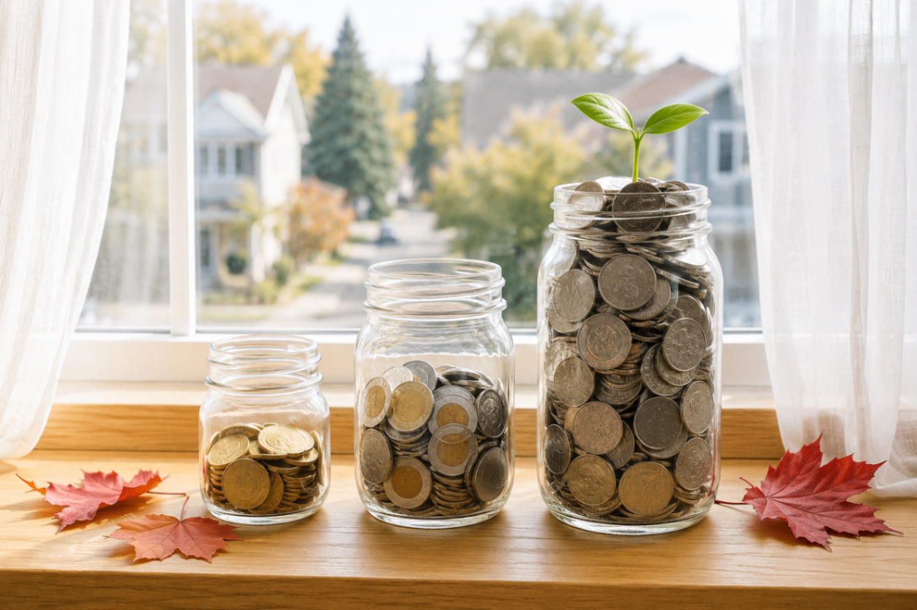 Canadian Coin Savings Jars Showing Financial Growth Three glass mason jars filled with Canadian coins at different levels, with a green sprout growing from the tallest jar on a sunny windowsill.