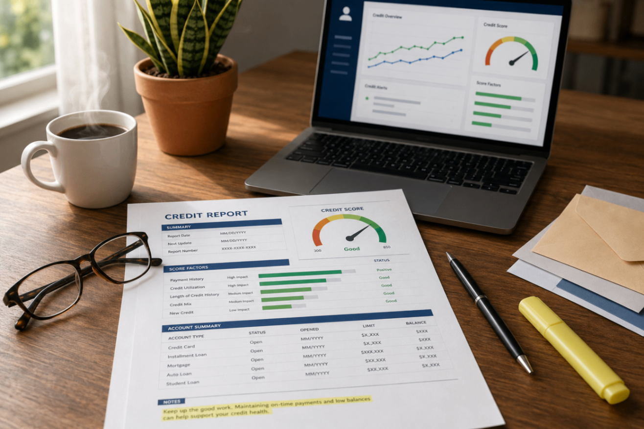 Credit Report Review With Financial Dashboard A credit report, laptop dashboard, glasses, pen, highlighter, coffee, plant, and envelopes on a clean wooden desk.