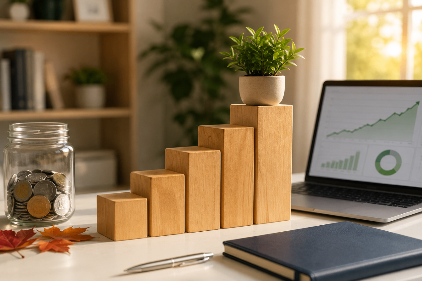 Financial Growth Blocks With Savings Jar Wooden growth blocks with a potted plant, coin jar, laptop dashboard, maple leaves, notebook, and pen on a bright desk.