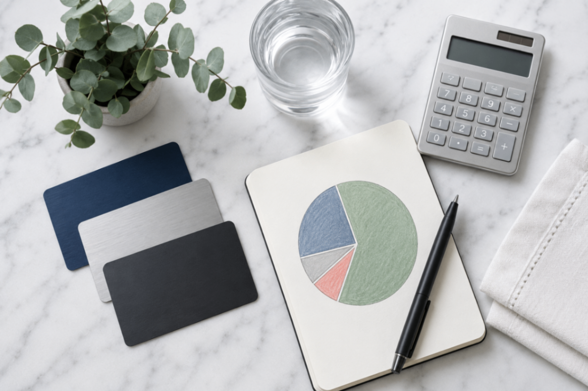 Credit Utilization Planning Flat Lay Three unbranded credit cards, a notebook pie chart, calculator, pen, water glass, and plant on a marble surface.
