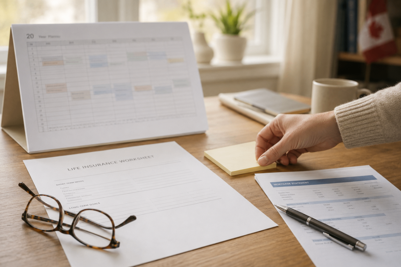 Term Life Insurance Planning Worksheet Desk Tidy desk with a life insurance worksheet, mortgage statement, calendar, pen, reading glasses, and sticky note for short-term financial planning.