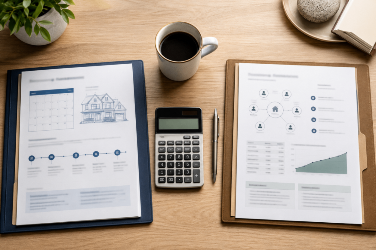Term vs Permanent Life Insurance Comparison Desk Overhead view of two insurance planning folders on a wooden desk with a calculator, pen, and coffee mug, showing blurred worksheets for temporary and lifelong coverage comparison.