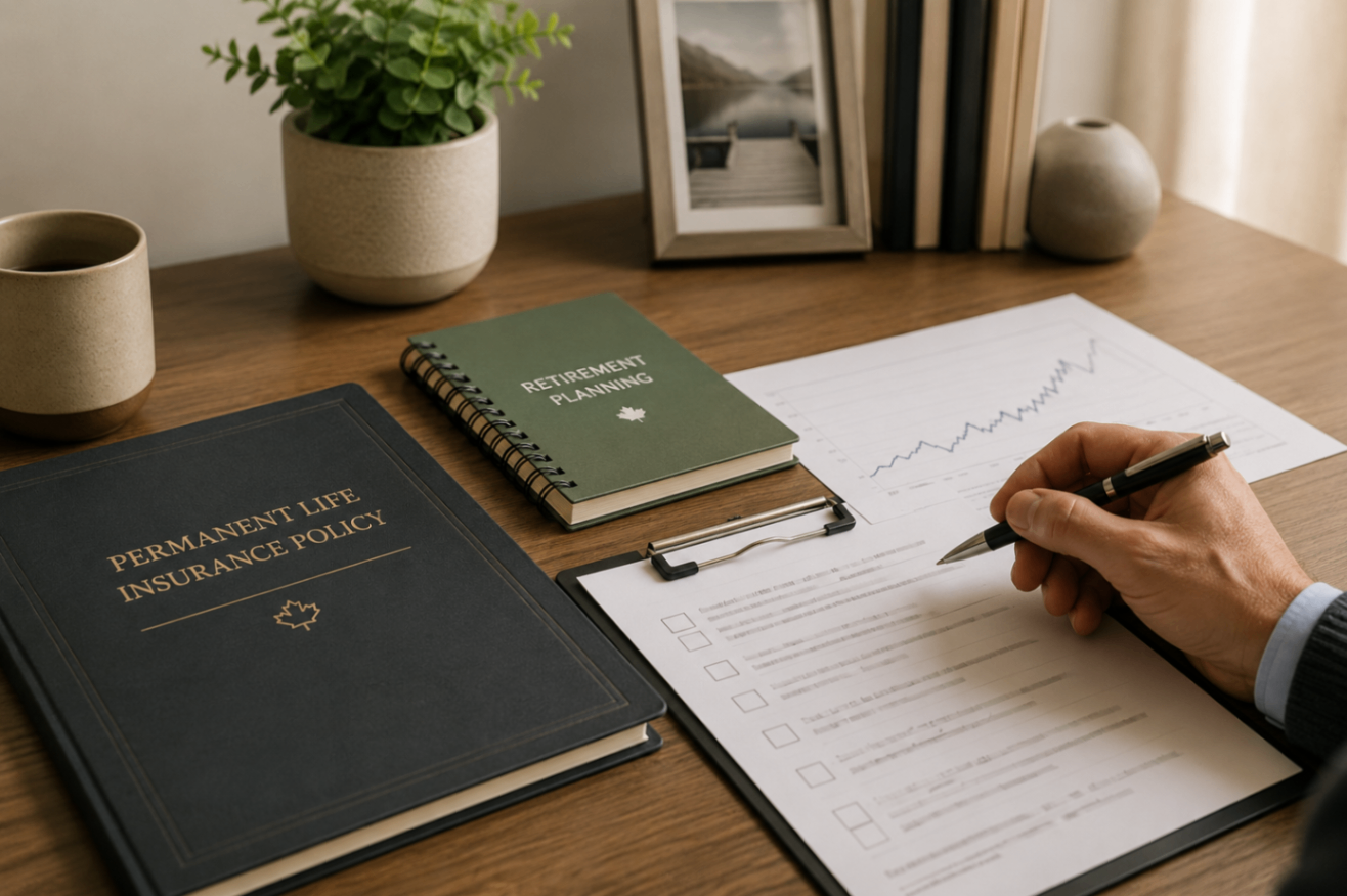 Permanent Life Insurance and Retirement Planning Desk Financial planning desk with a permanent life insurance policy folder, retirement notebook, estate checklist, growth chart, and hand holding a pen.