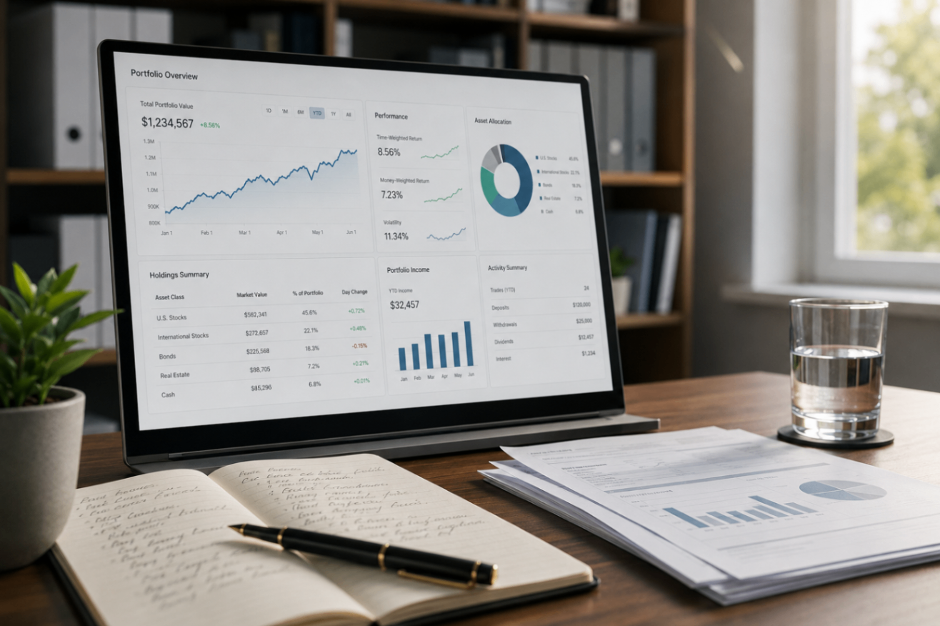Chartered Investment Manager CIM Portfolio Investment portfolio charts on a monitor with notes, chartered investment manager workspace