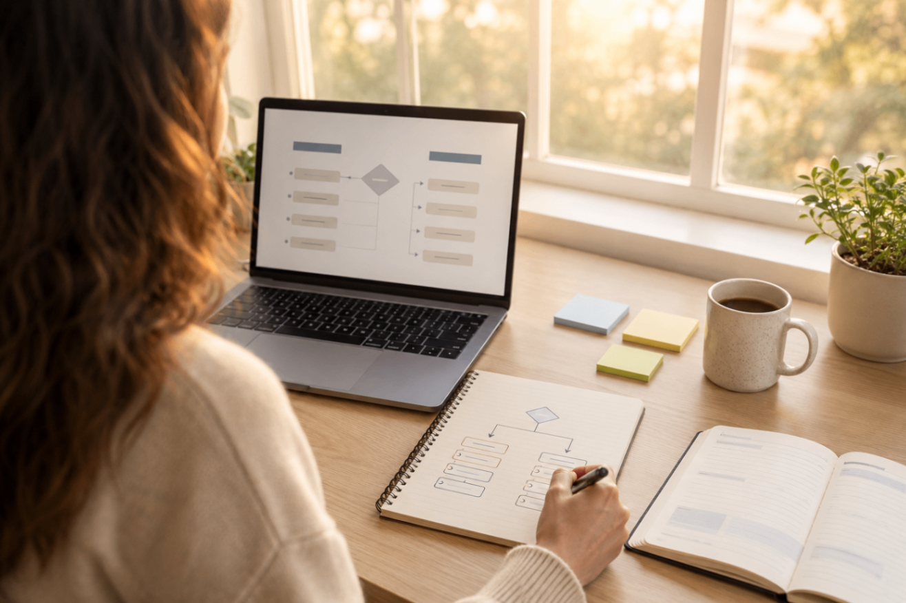 Choosing a Financial Planning Designation Planning a career path at a desk with notes and laptop, choosing a financial planning designation